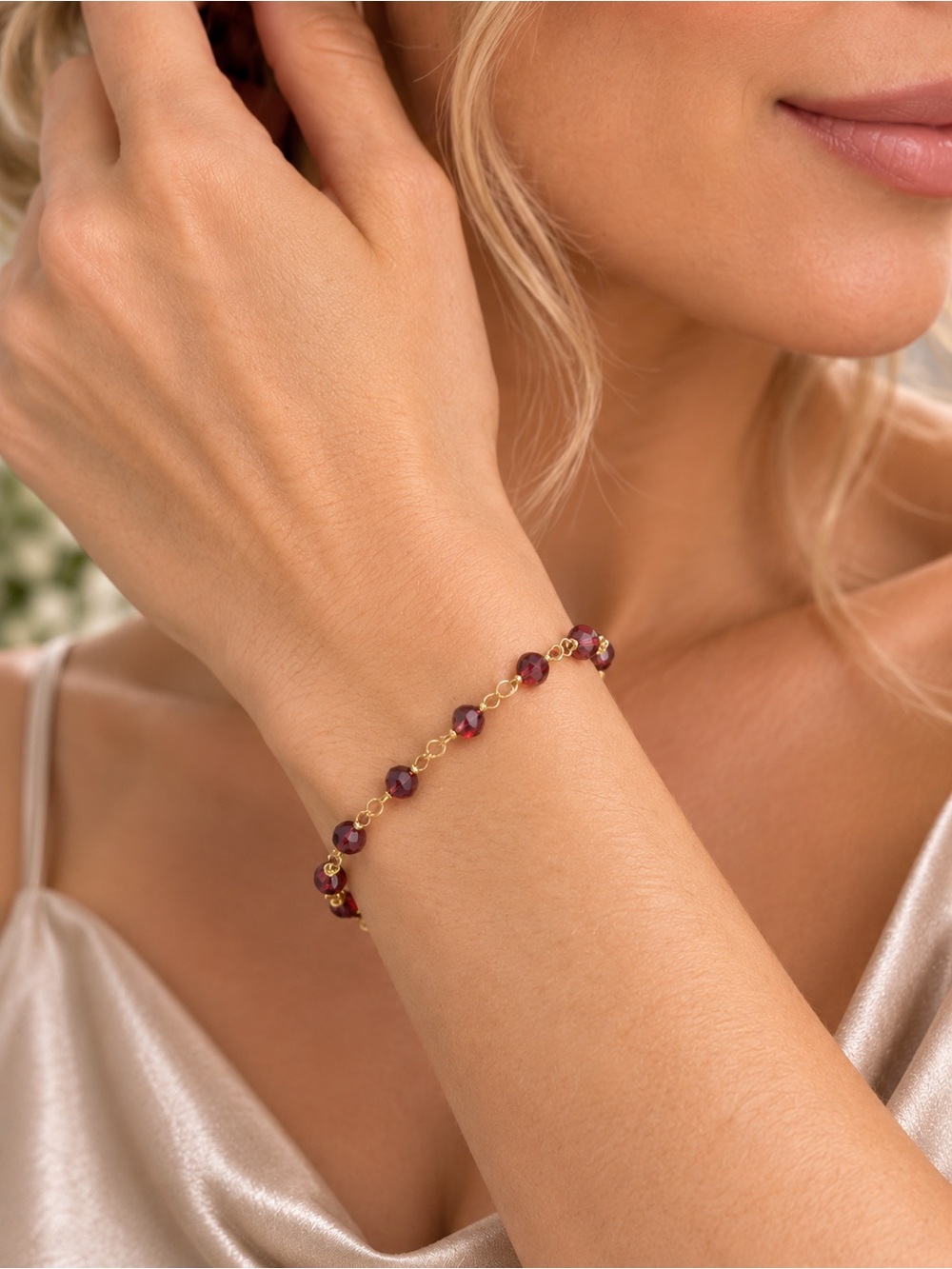 Faceted Garnet Gold Wire Wrapped Gemstone Bracelet